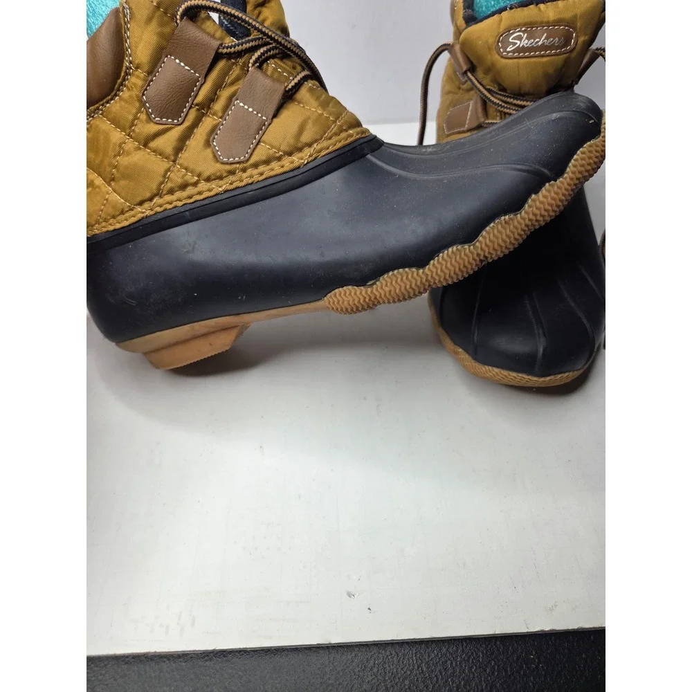 Skechers Womens Duck Boots Navy Brown Quilted‎ Nylon Rubber Lace Up Size 6